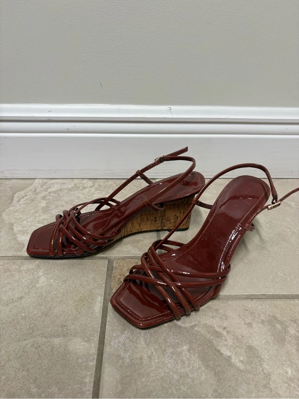 Tory Burch Burgundy Patent Leather Strappy Cork Wedge Sandals